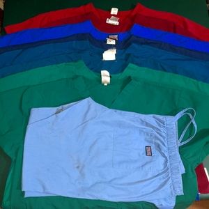 8 LARGE used scrubs tops MISC lot plus 1 XL scrub pants
